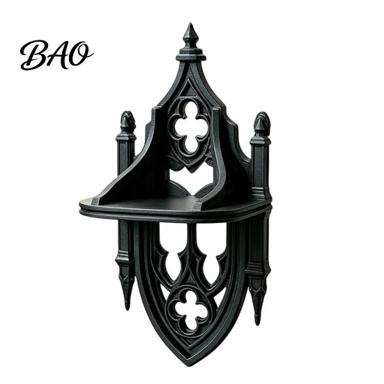 Gothic Bedroom Decor Wall Shelf, Vintage Floating Shelf for And Living Room, Matte Black Pointed Arch Decorative Wall-Mounted Display Rack with