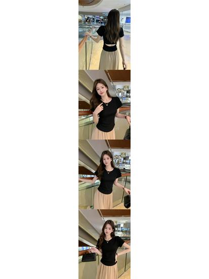 Women's Summer Slim Fit Pleated Short Sleeve T-shirt with Back Cutout