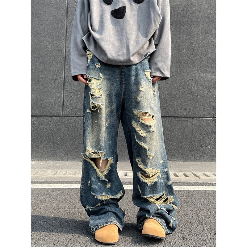 American Vibe Jeans Men's Summer New Ripped Design Sense Loose Wide Legs Trend Versatile Long Pants