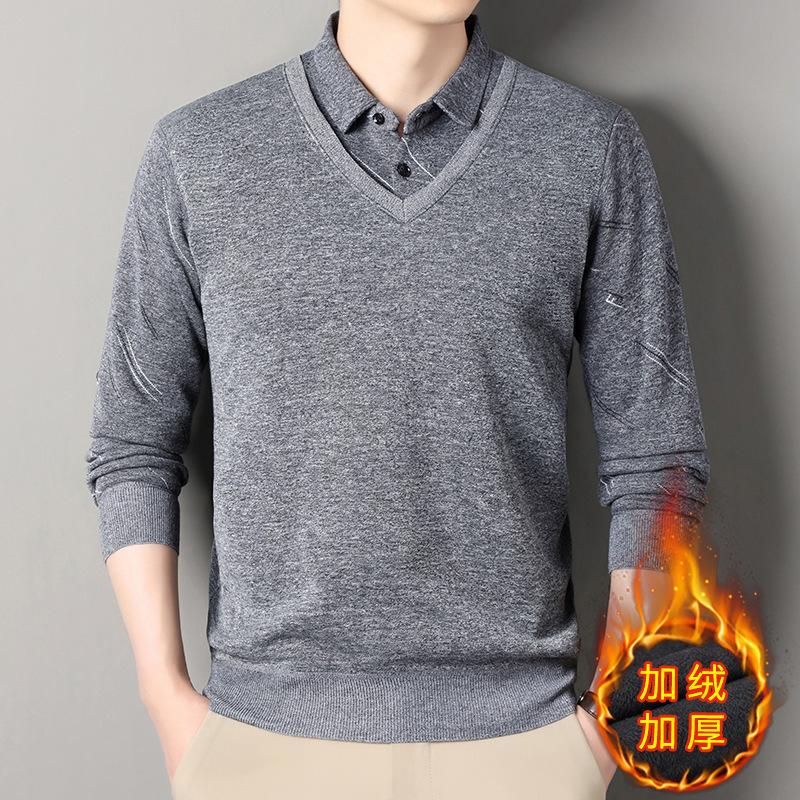 New Autumn and Winter Men's Sweater Thickened Fake Two-piece Sweater Warm Shirt Collar Casual Versatile Base Shirt Sweater