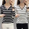 2025 Korean V-Neck Striped Slimming Long Sleeve Women's T-Shirt - Spring/Autumn
