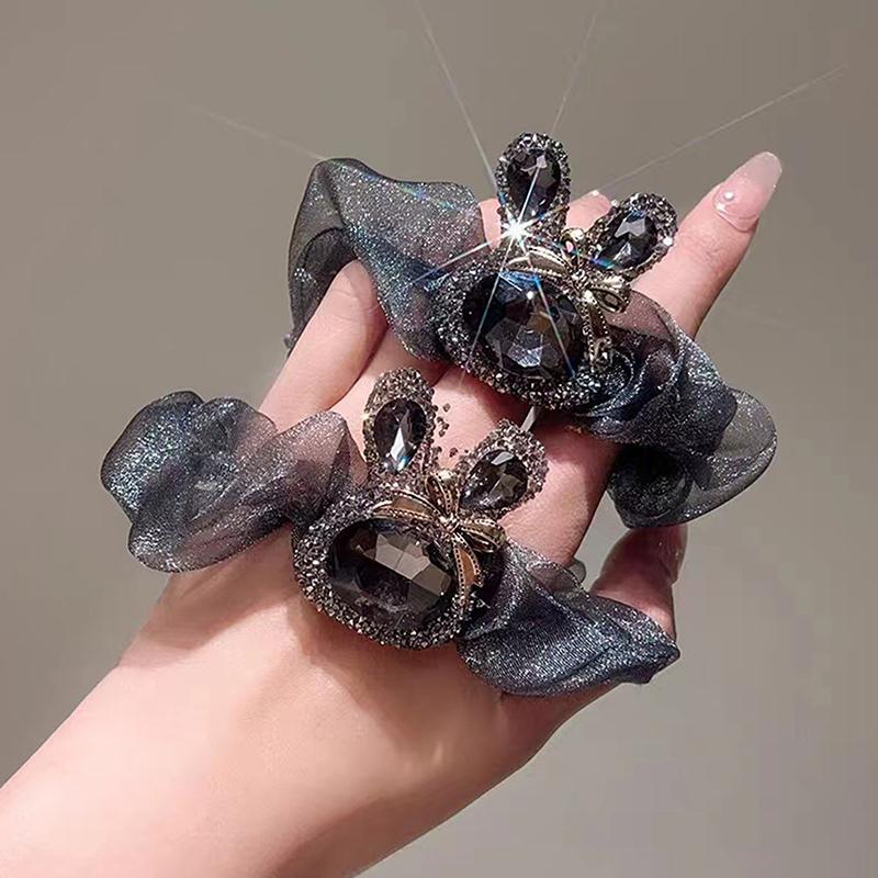 Fashion Rhinestone Rabbit Organza Scrunchies Women Hair Rope Retro Ponytail Holder Hair Band Elastic Hair Tie