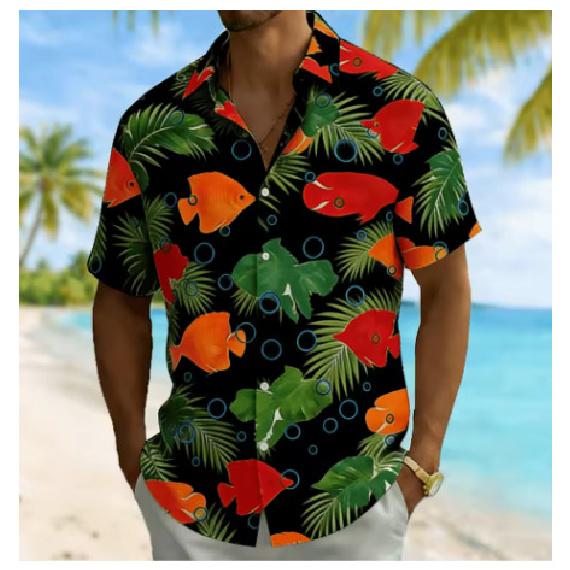 2026 Men's Fish Palm Leaf Short Sleeve Summer Beach Vacation Casual Loose Short Sleeve Shirt