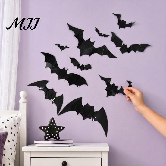 Three-dimensional Halloween Decor 12Pcs Bats Wall Decals, 3D Bat Stickers for Home Decor, Folded Paper Decoration 4 Size Waterproof Black Spooky