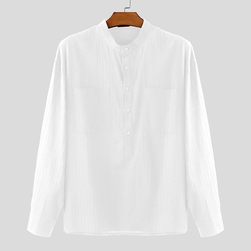 INCERUN Men Collarless Long Sleeve Striped Texture Shirts Casual Tops