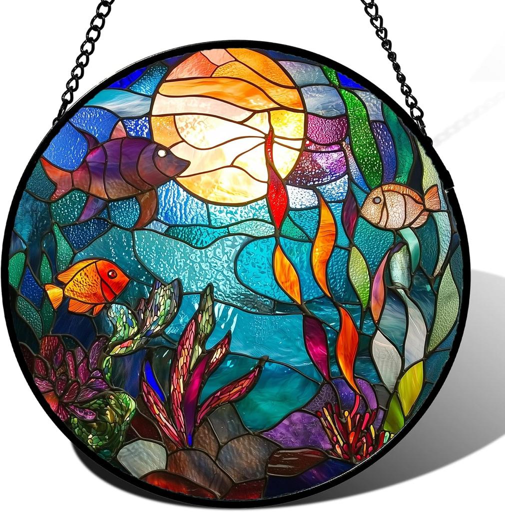 Stained Glass Window Hanging, Sunset Mountains Lake Tree Sun Catcher for Window Home Decor Landscape Suncatcher Mother's Day Birthday Gifts 7.8 in