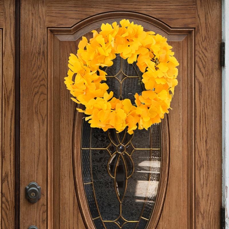 Elegant Thanksgiving Festive Door Decoration 15.75inch Artificial Ginkgo Biloba Leaf Christmas Wreath Fade Resistant