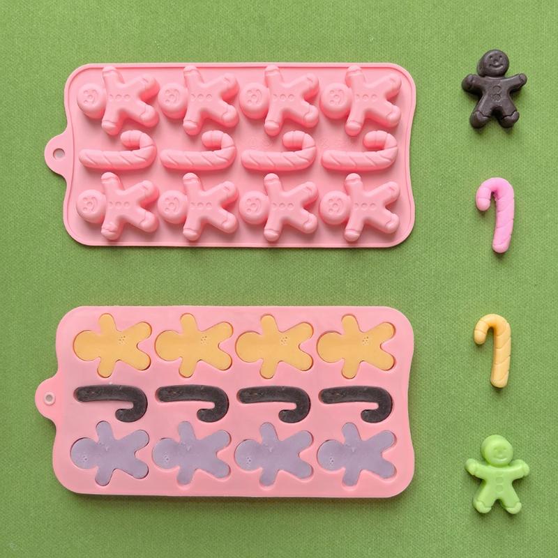 1pc 12 hole gingerbread man, cane shaped silicone mold, used for DIY candy, chocolate, cake decoration baking molds