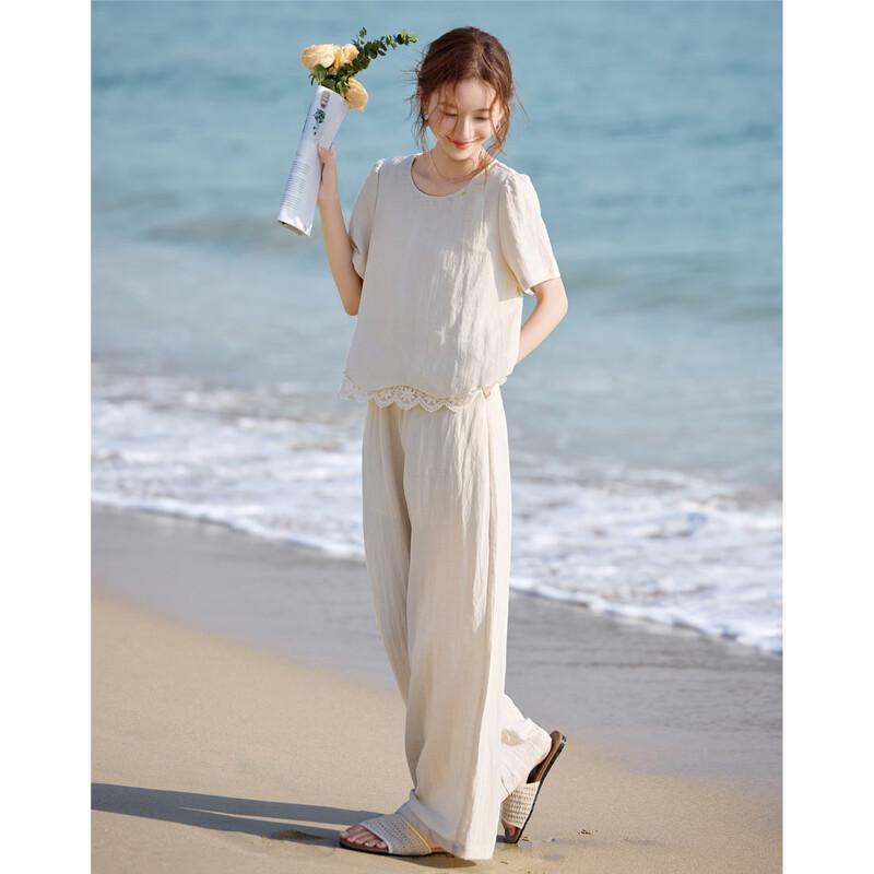 Women's Lyocell Blend Lace Spliced Top & Wide-Leg Pants Set
