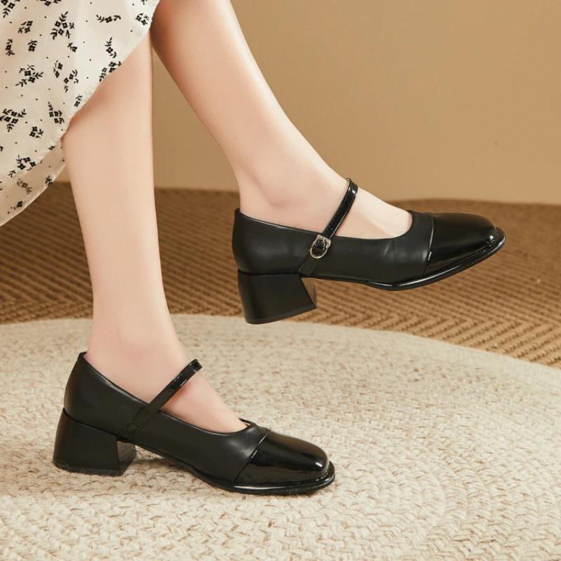 

Бежевые туфли на каблуке в японском стиле лолита с квадратным носком, Мэри Джейн на ремешке с пряжкой, женская обувь со средней высотой каблука, массивные готические Y2k 40