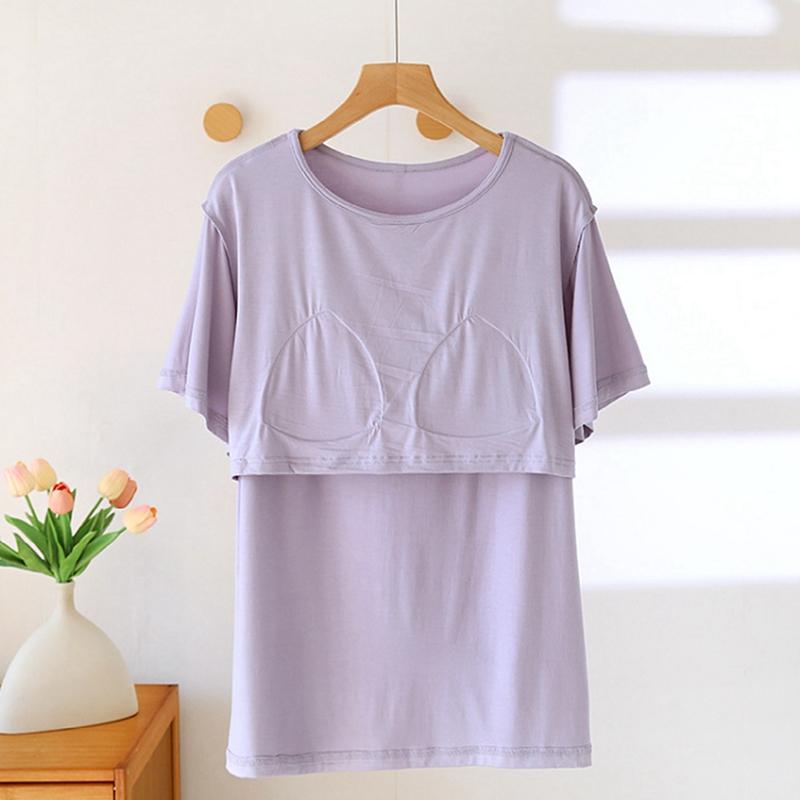 Women O-neck T-shirt with Built-in Bra Casual Solid Color Short Sleeve Top
