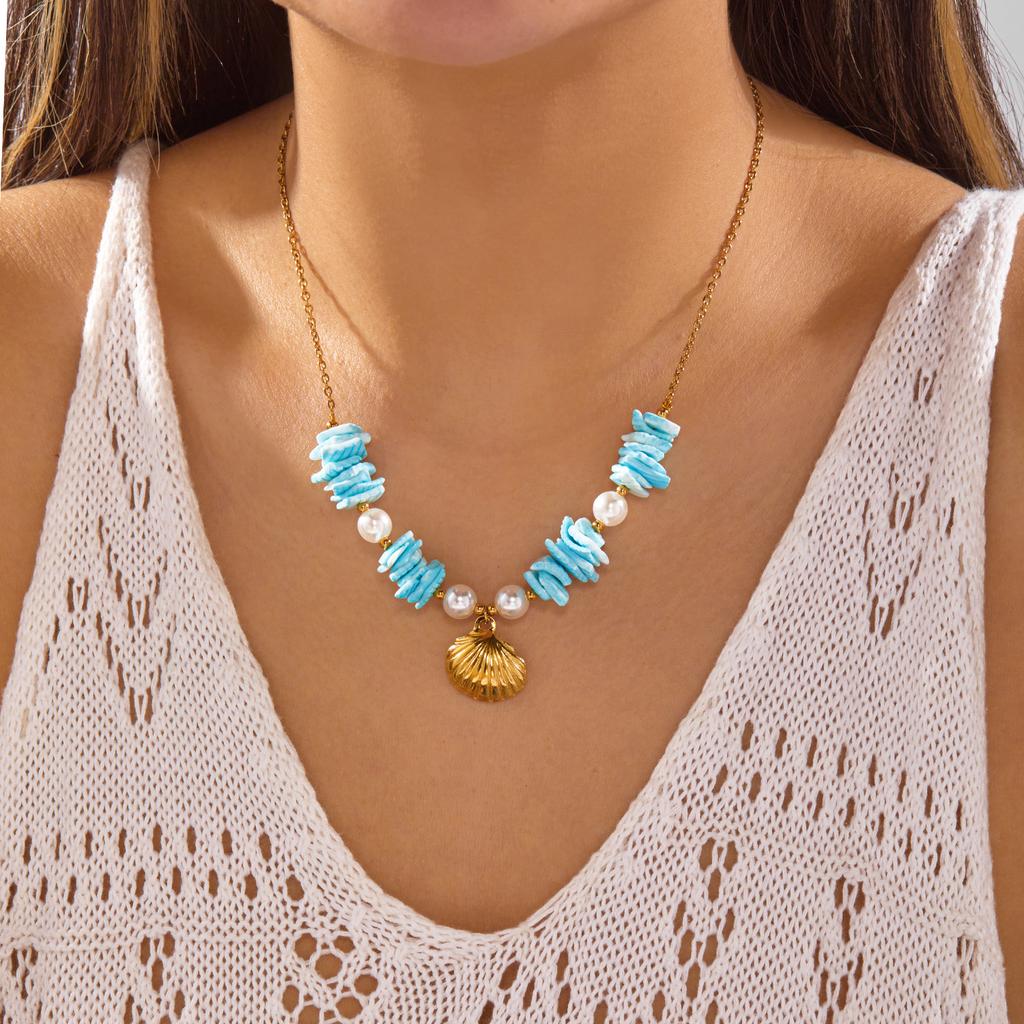 Bohemian Summer Double Layered Necklace for Women Blue Irregular Stone Beaded Starfish Pendant Choker Vacation Jewelry Gifts