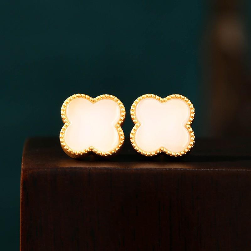 Douyin Style 925 Silver Four-Leaf Clover Jade Stud Earrings - Perfect 520 Holiday Gift for Girlfriend