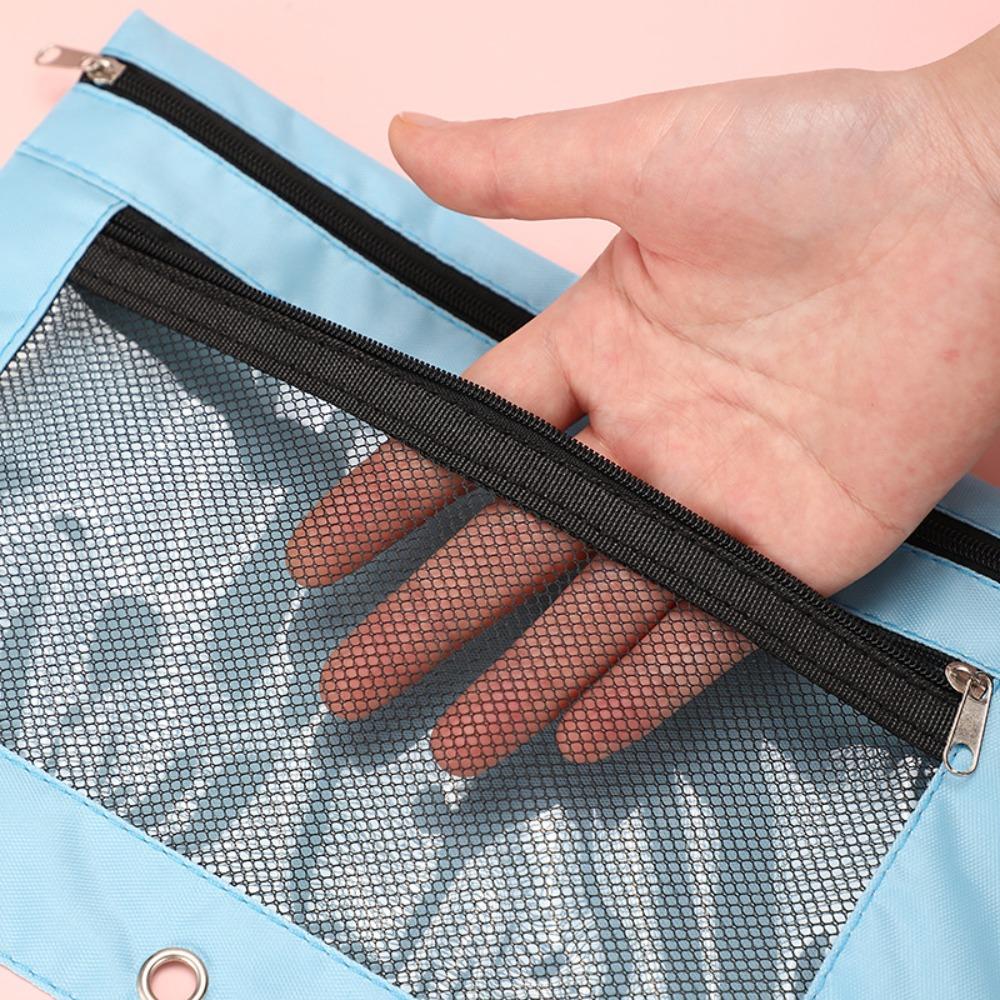 Practical Three Hole Pencil Case Pouch Square Binder Pocket Documents Bag Mesh Pencil Pouch  School