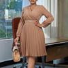 Elegant V-Neck Pleated Plus Size Solid Color Dress - European & American Style 