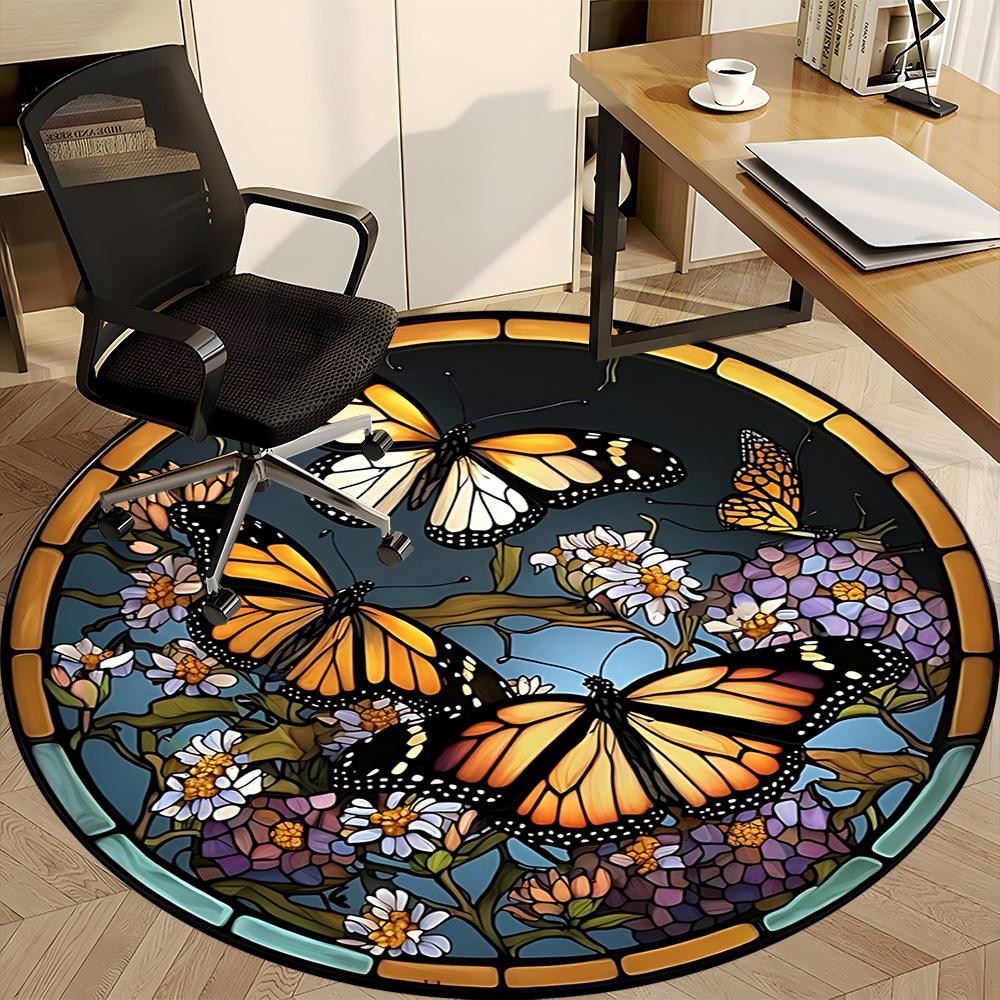 1pc Butterfly Stained Glass Chair Carpet for Office, Round Polyester Mat, Indoor Decor for Office, Washable Non-slip Carpet yy251219136