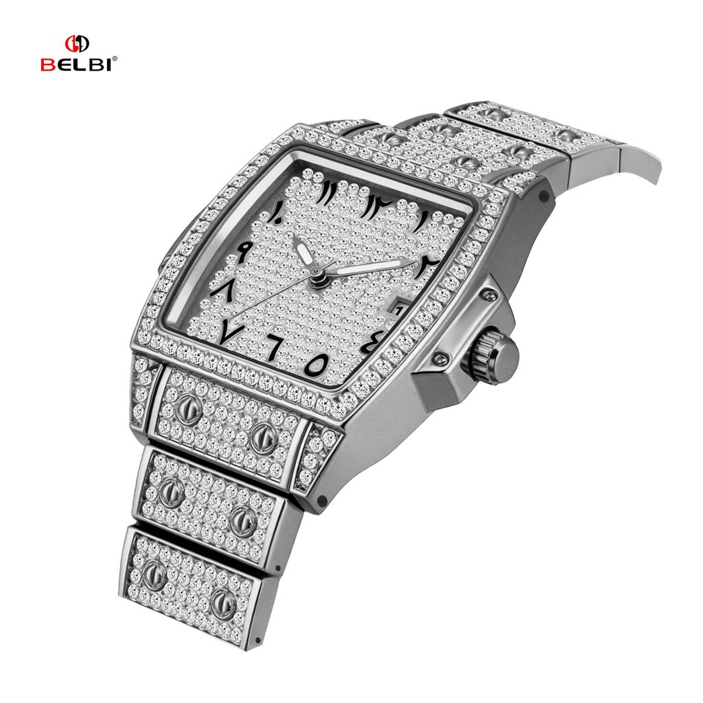 Womens Diamond Watch Tonneau Barrel-Shaped Luxury Quartz Wristwatch Bling Crystal Dress Watch Arabic Numerals Waterproof