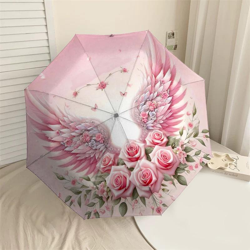 

1pc Wings Flowers Automatic Open/Close Umbrella Compact Folding Umbrella with 8-Rib Shaft for Women/Men, Elegant Birthday1237S