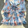 Women Off Shoulder Floral Print Short Dress Long Sleeve Ruffle Splice Smocked Waist A-Line Mini Skirt Casual Summer Beach Vacation Dress
