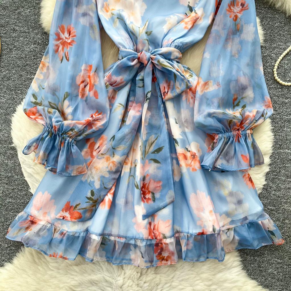 Women Off Shoulder Floral Print Short Dress Long Sleeve Ruffle Splice Smocked Waist A-Line Mini Skirt Casual Summer Beach Vacation Dress