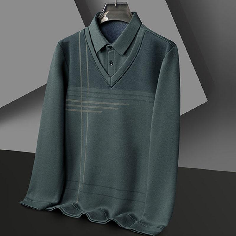 Winter Fake Two Pieces Polo Shirts Turn-down Collar Plus Fleece Thicken Casual Pure Cotton Patchwork Cootrast Color Tops