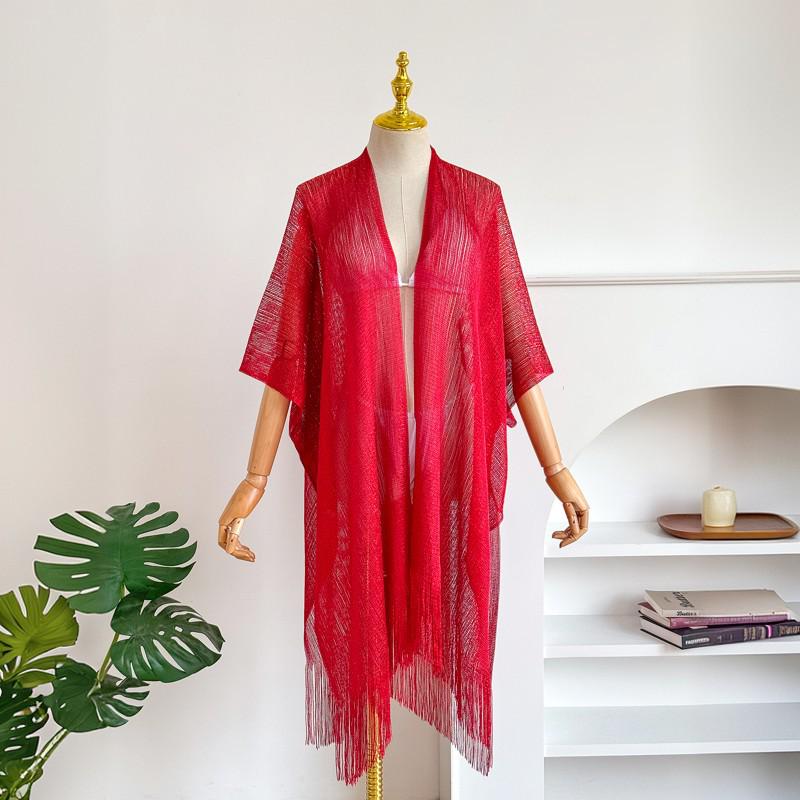 European & American Tassel Shawl: Sun Protection Bikini Beach Cover-up, Solid Color Hollow-out Design
