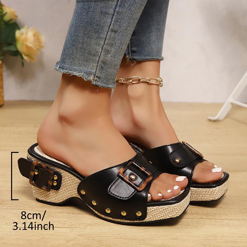 Fashion Office Ladies Buckle Thick Sole Slides Women Rivet Decor Square Toe Slippers Woman Patchwork Non Slip Pu Leather Slides Mujer