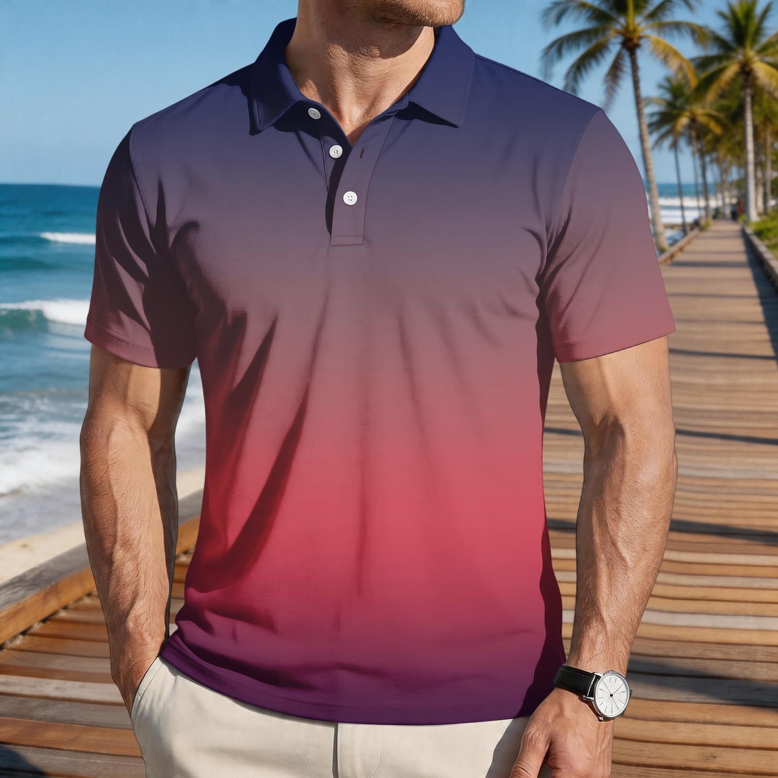 

Men’s Loose Fit Casual Gradient Print Short Sleeve Polo Shirt with Turn Down Collar Soft Comfortable Fabric S червоний