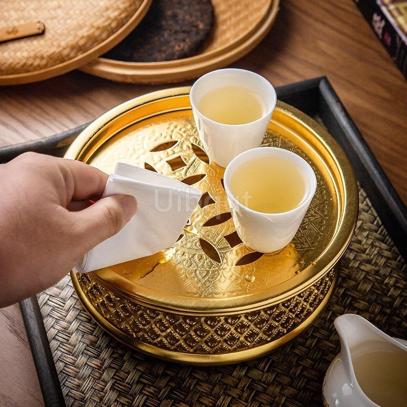 Thai tin alloy round gold Tea Tray Household Draining Tray Round Water Storage basin Office Guest Dry Tea plate serving tray