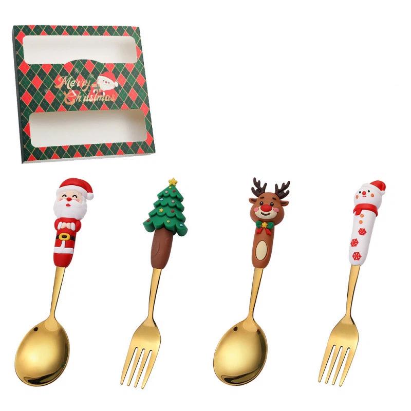 Kalėdinių šaukštelių rinkinys Kūrybingas stalo įrankių rinkinys Animacinis Kalėdų eglutės desertinis šaukštelis Šakutė Dovanų dėžutė