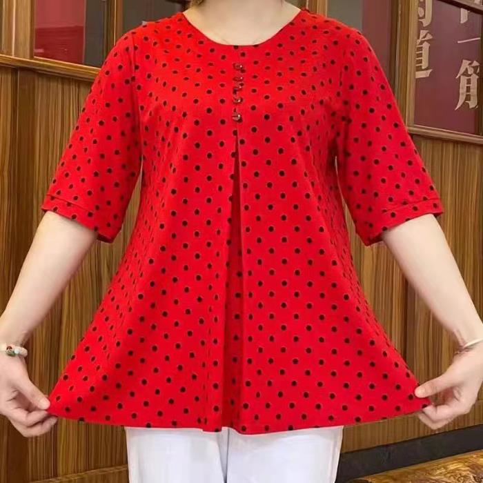 2023 Summer Trendy Mid-Sleeve Polka Dot Round Neck Korean Plus Size Top