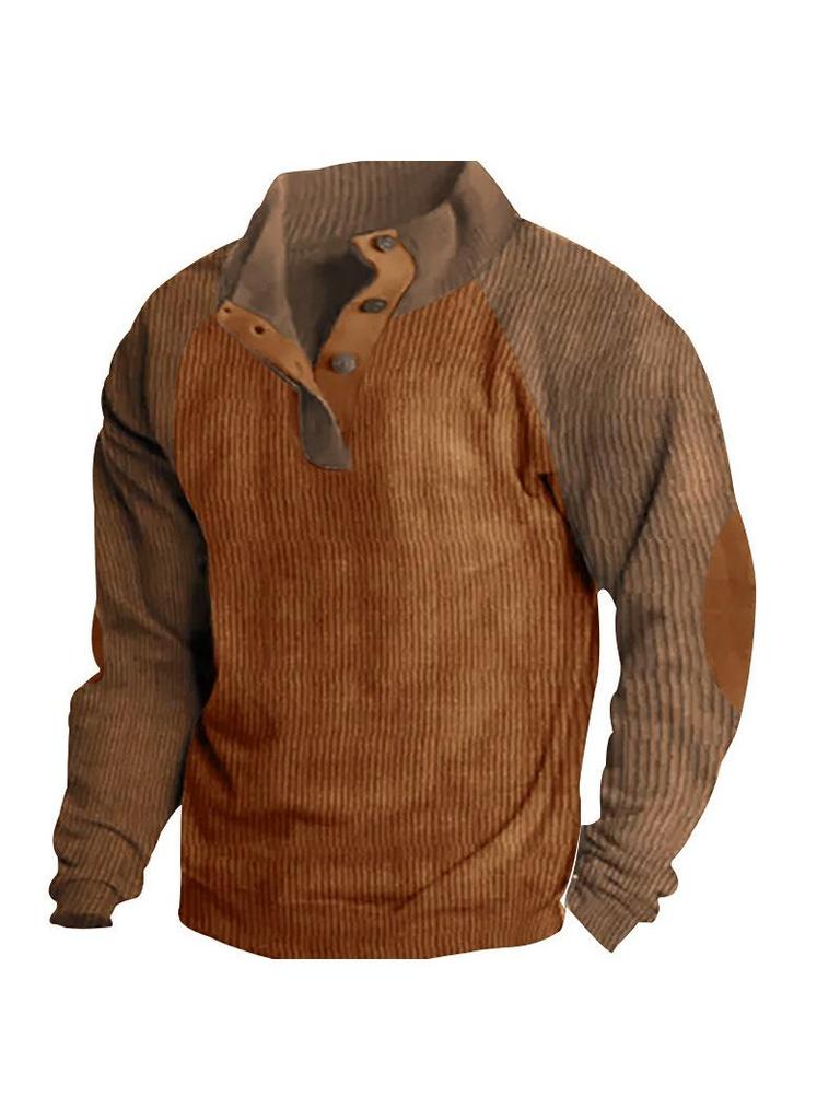 Men's Corduroy Color Block Stand Collar Hoodie - Casual Long Sleeve Top for Spring and Autumn