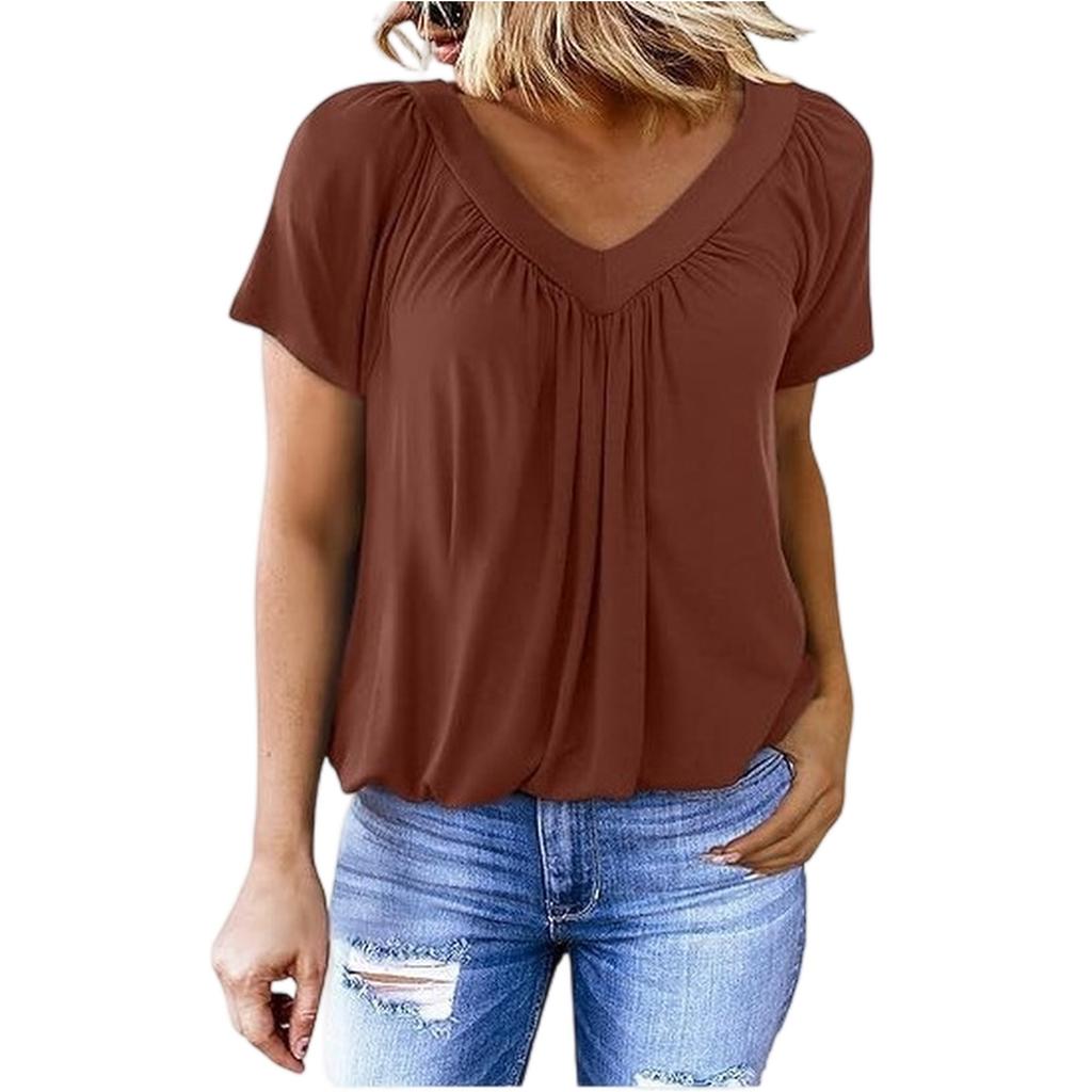 Damen Freizeit Farbe V-Ausschnitt Falten Kurzarm Top V-Ausschnitt Falten Kurzarm Top