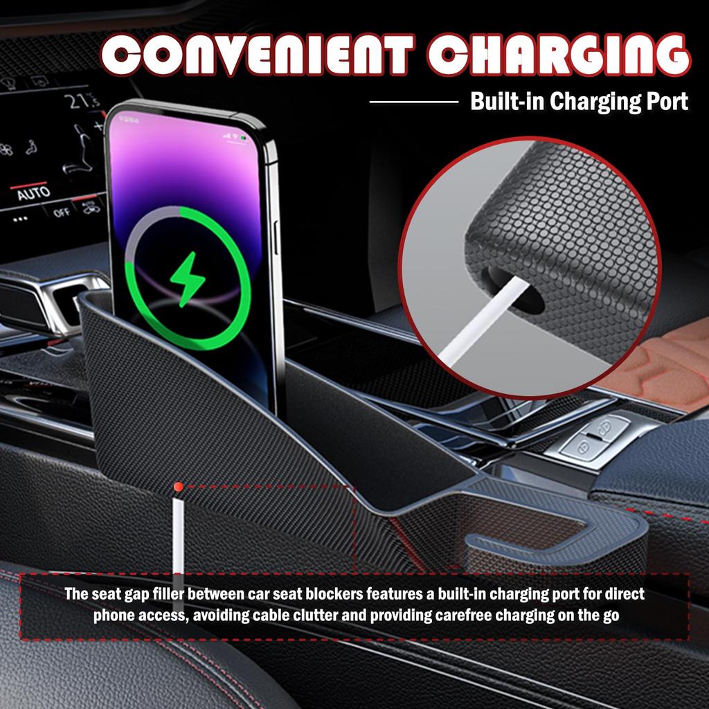 Upgrade Car Gap Filler Seat Crevice Storage Box A Pair Car Seat Gap Filler Seat Gap Organizer Box with Phone Charging Cable Hole