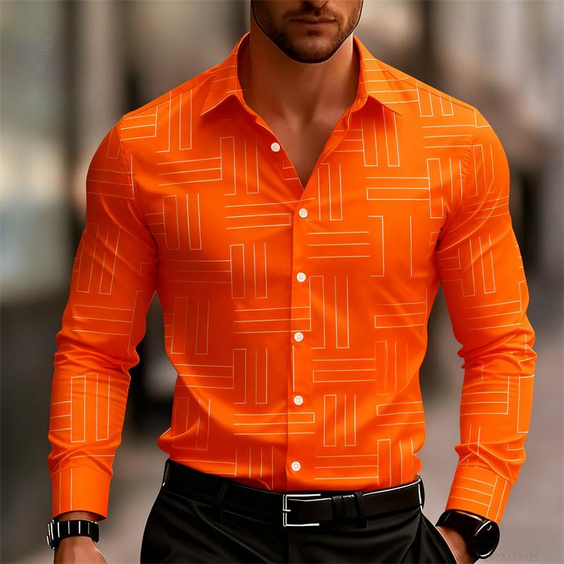 Men's Casual Long-Sleeve Slim Fit Black Geometric Pattern Breathable Versatile Formal Shirt Fashion Outdoor Men's Top