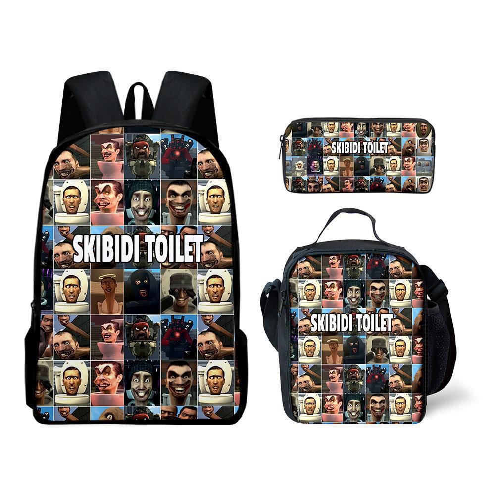 Toilet Man Backpack Trendy Backpack European and American Retro Schoolbag Cartoon Backpack Three-piece Set