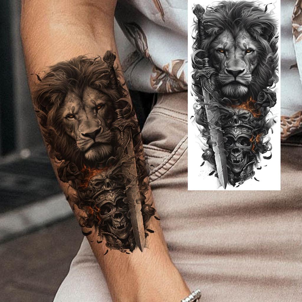 1 Sheet Cool Warrior Lion Tiger Skull Temporary Tattoos For Men Women Adults, Long Lasting Waterproof Temp Fake Tattoo Sticker