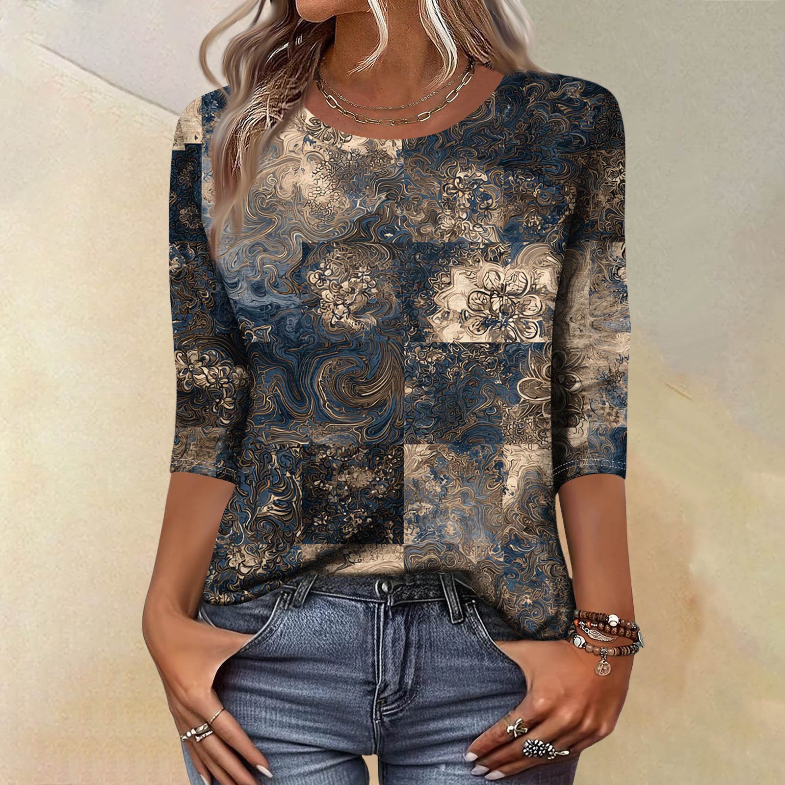 

Трендовий вінтажний топ з рукавом 3/4 для жінок, жіноча повсякденна блузка-футболка з круглим коміром та принтом, рукав три чверті L