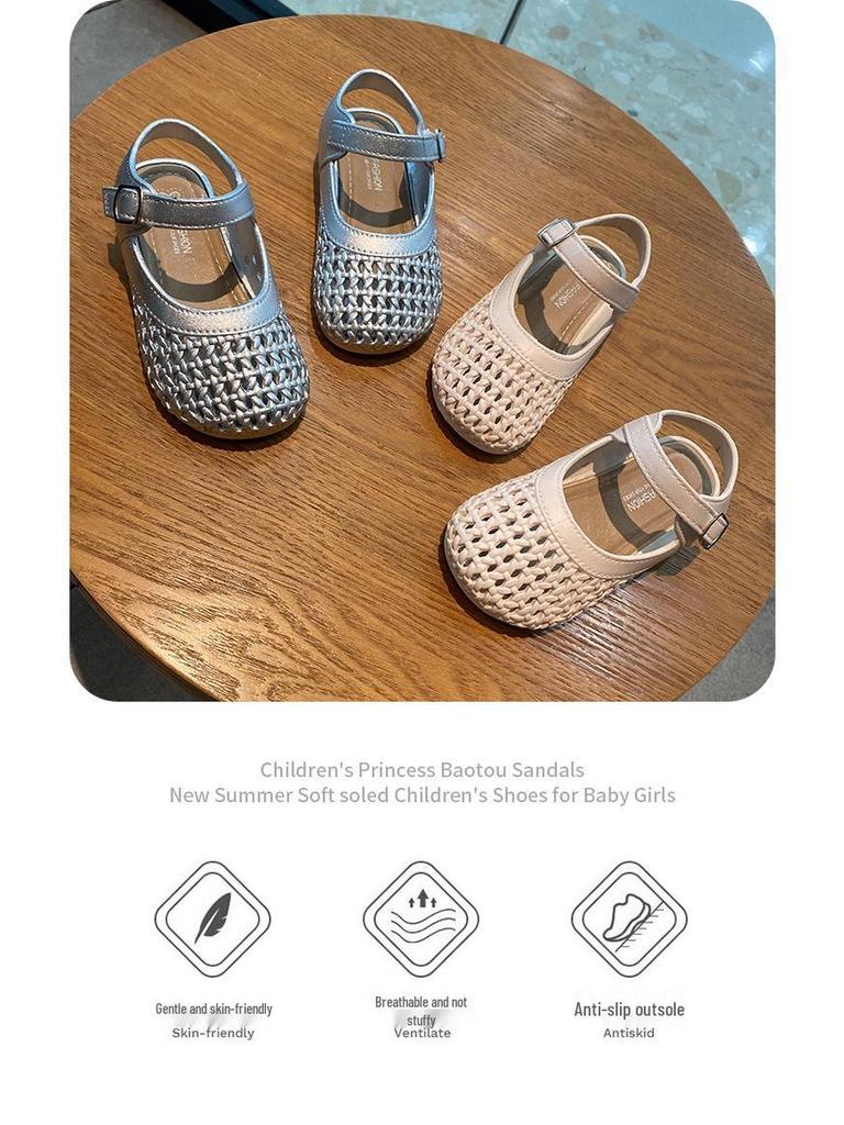 2025 Summer New Girls' Woven Turban Sandals - Soft Sole Toddler Princess Shoes