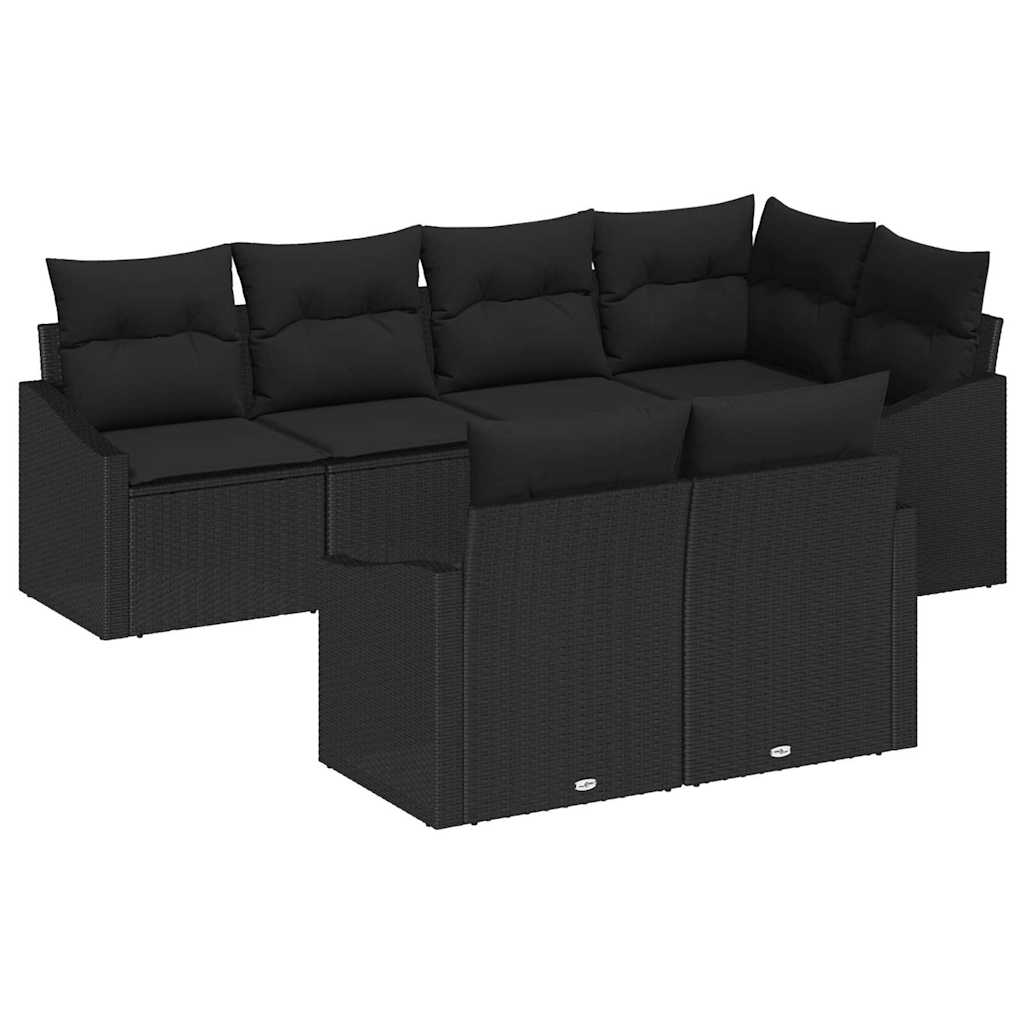 7 Piece Black Poly Rattan Garden Sofa Set with Cushions