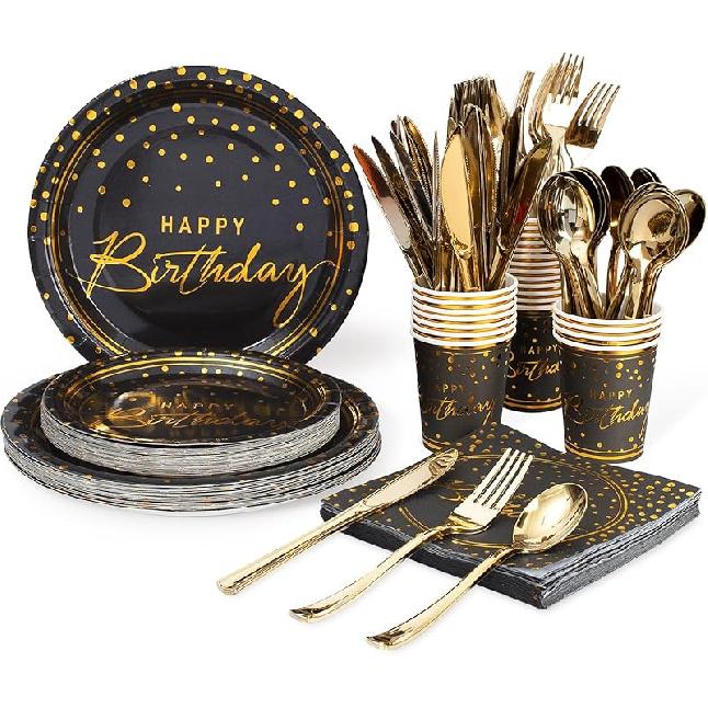 175PCS Happy Birthday Plates and Napkins Party Supplies, Paper Pink and Rose Gold Plastic Forks Knives Spoons Serve 25 Guests for Girl Women