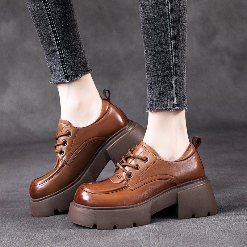 The First Layer of Cowhide Loafers Women's Autumn 2025 New Leather Muffin Thick-soled Retro Lace-up Women's Single Shoes