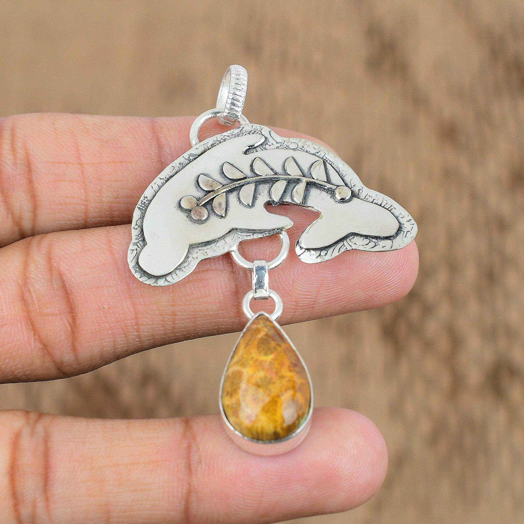 

Womens day Sale 925 Sterling Silver Fossil Coral Gemstone Fish Pendant Jewelry