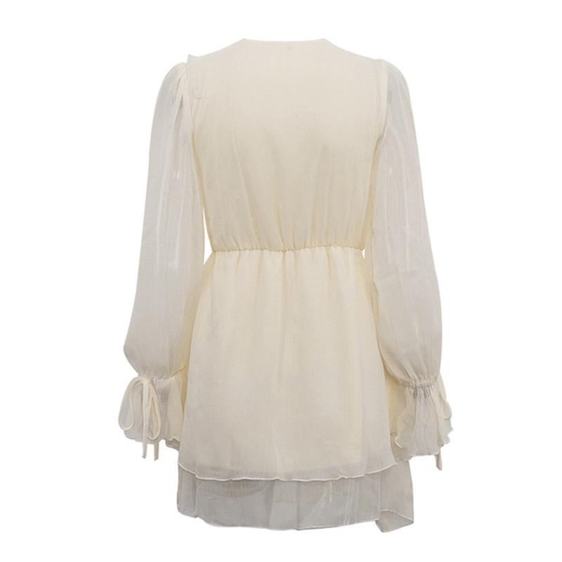 Summer Women Solid Color Pleated Dress Elegant Ruffles V-neck Long Sleeve Mini Dress Fashion Female Fold Casual Beach Party Dress