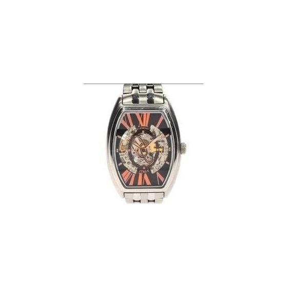 Used COGU Men's Watch Automatic AT Rectangular Back Slot 3 Hands Silver SS Genuine Belt Skeleton Character Limited Edition