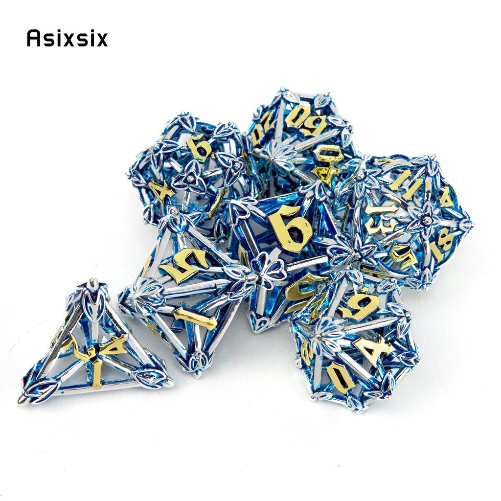 7 Pcs Silver Blue Leaf Flower Metal Dice Hollow Metal Polyhedral Dice Set Suitable for Role-Playing RPG  Board Game Card Game
