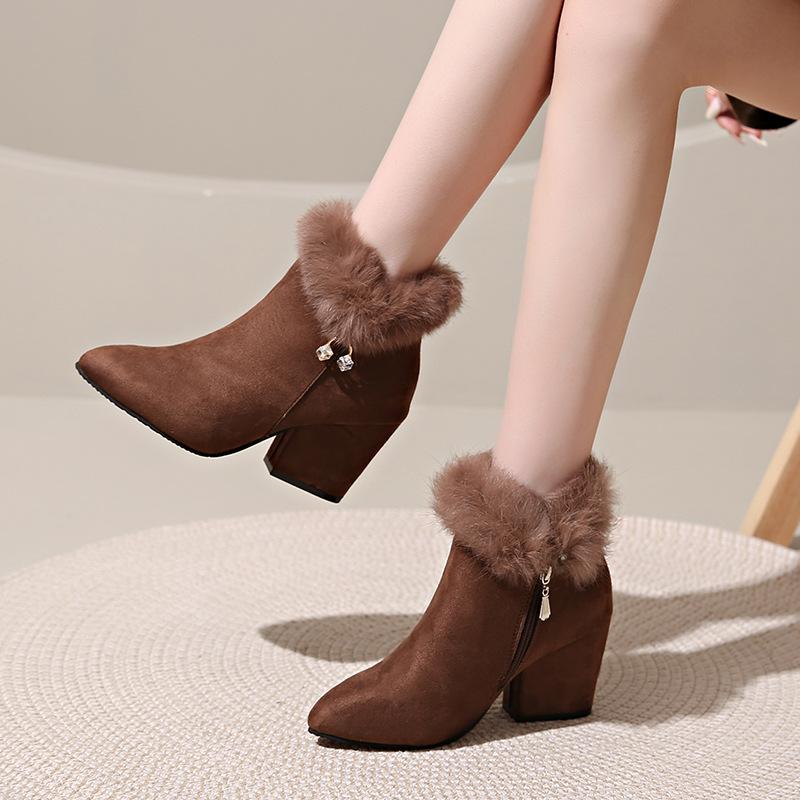 Women Snow Boots Fashion Pointed High Heels Boots Suede Casual Ankle Boots for Women Winter Fur Short Boot Botas Invierno Mujer