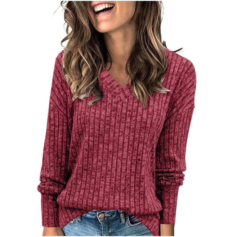 Women s V Neck Long Sleeve Knit Top Loose Fit Vertical Ribbed Soft Fleece Pullover Sweater S