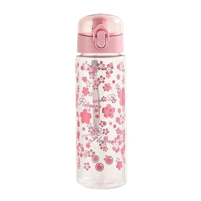 600ml Daisy Flower Plastic Water Bottle Sports Transparent Water Bottle Portable Gym Travel Clear Leakproof Drinking Bottle