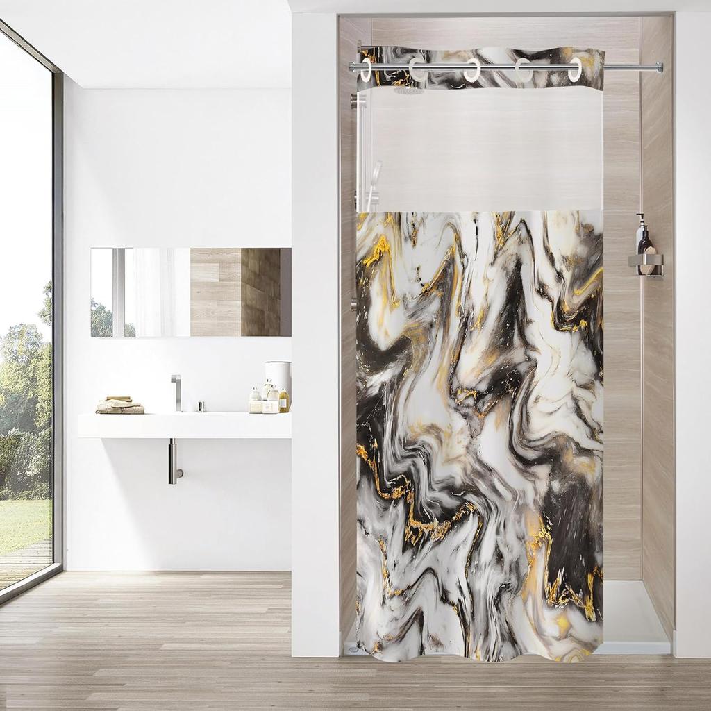 No Hooks Needed Marble Shower Curtain Set with Snap-in Liner, Modern Abstract Shower Curtains for Luxury Hotel Grade Spa-Like Bathroom Decor